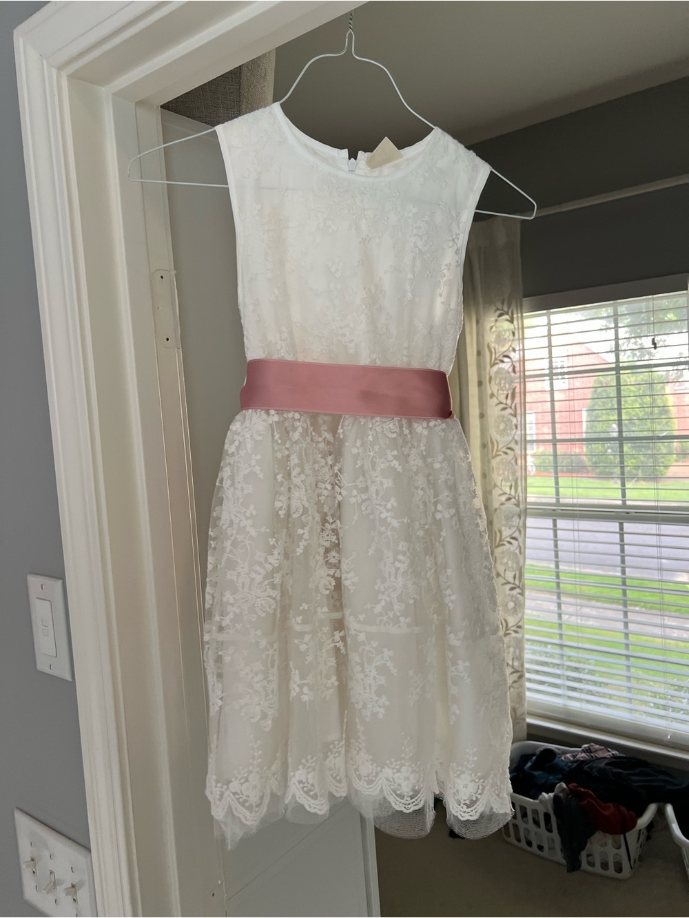 Girls' White Lace Dress with Pink Sash
